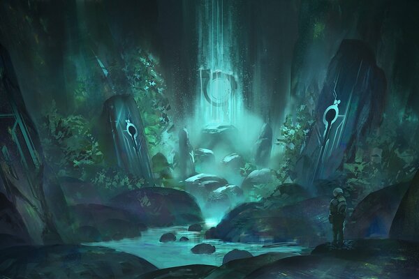 арт пещера камни валуны человек руны ручей вода водопад зелнь
