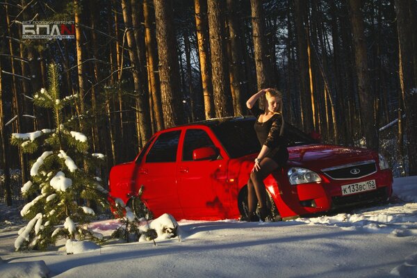 ваз бпан лада авто машина приора priora девушка снег зима красная