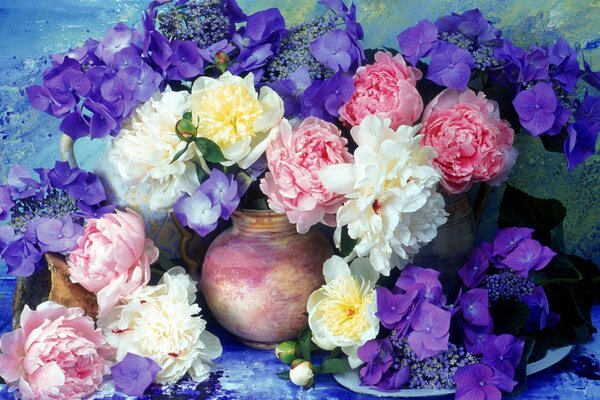 цветы пионы гортензия букет ваза сиреневые стена