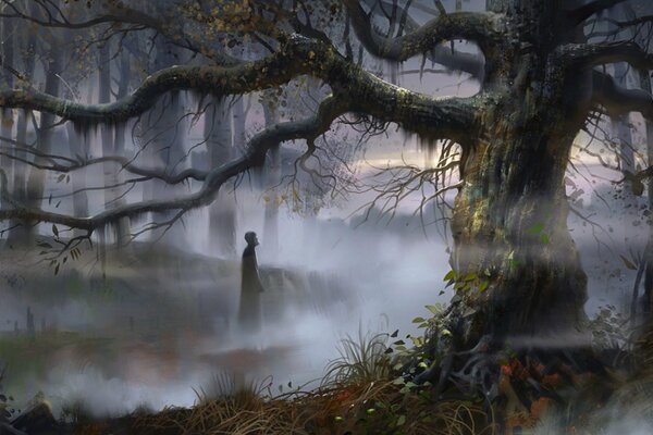 лес туман арт человек русь болота деревья