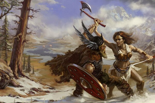 викинг топор шлем щит девушка воин ярость битва природа
