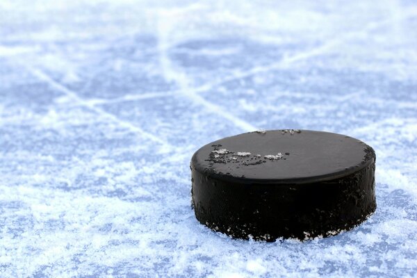 хоккей черная шайба лед полосы на льду от врезания лезвия коньков макро.