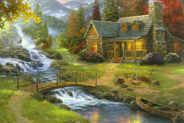 горный рай томас кинкейд природа живопись лес дом гитара горная река деревяный мостик лодка туман олени картина картины рисунок рисунки арт