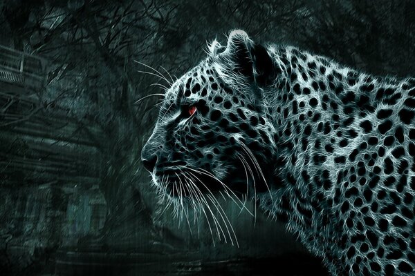 картинка 3d дикая кошка леопард смотрит красные глаза черно белая картинка