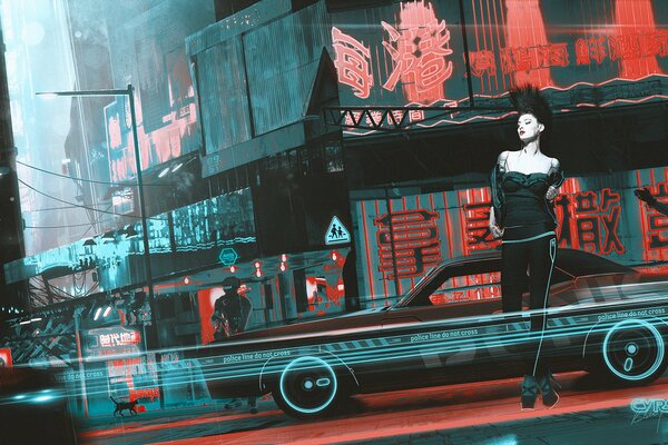 киберпанк панк искусство фантастика улица девушка кот машина