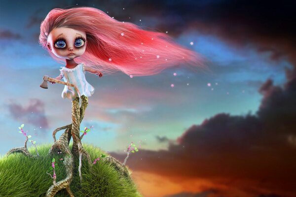 девочка персонаж волосы красные топор корни трава небо атмосфера арт графика
