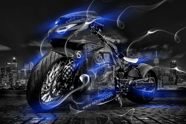 тони кохан мото дым кристалл город велосипед синий неон el тони автомобили обои фотошоп стиль мотоцикл байк смок прозрачный ночь голубой арт 2014