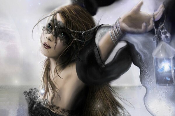 фантастика девушка валькирия лицо взгляд маска волосы черное платье руки фонарь свет браслет