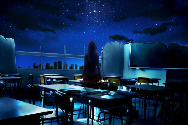 арт ayura девушка спиной руины класс парты школа разрушение звезды ночь небо