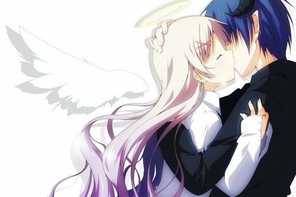 арт yuzuki кей девушка парень ангел нимб демон рога крылья поцелуй слезы двое пара аниме