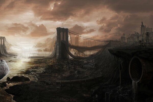 постапокалипсис руины мост разруха корабль город