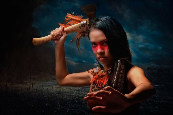 томагавк боевая раскраска девушка индеец боевой топор