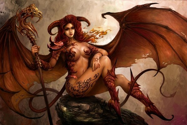 арт демон девушка сидя тату рога камень крылья