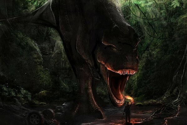 арт t-rex мчс лес динозавр огонь факел рот опасность