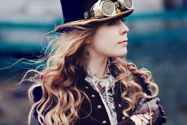 стимпанк викторианская эпоха гогглы девушка цилиндр шляпа серьги волосы