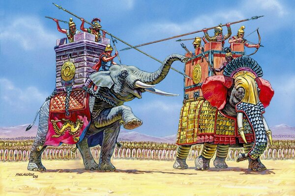 армии египта и карфагена сошлись на поле боя перед битвой каждая сторона выдвинула боевого слона на дуэль сильнейших в далеке воины ждут чья возьмет сторона iii-i вв. до н.э. слоны с погонщиками в баш