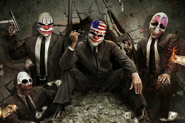 payday the heist клоуны грабители деньги доллары маски автоматы