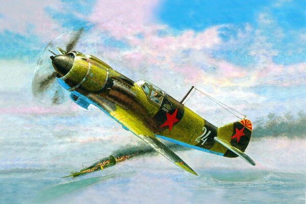рисунок небо воздушный бой ла-5 советский истребитель подбитый немецкий бомбардировщик ю-88 великая отечественная война