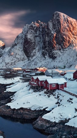 Норвегия, 4k, HD, деревня, снег (vertical)