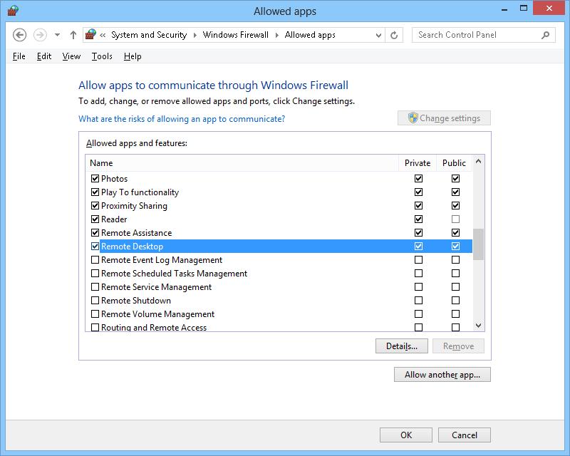 Правило Remote Desktop firewall в windows 8