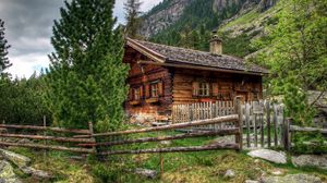 Превью обои дом, австрия, альпы, деревянный забор, пейзаж
