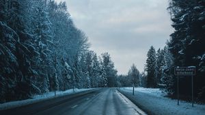 Превью обои дорога, зима, деревья, поворот
