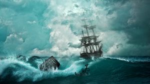 Превью обои корабль, шторм, волны, якорь, фотошоп