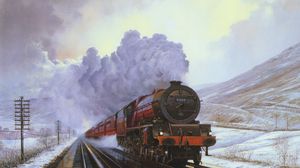 Превью обои поезд, снег, зима, живопись, холст, дым
