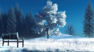 Превью обои зима, пейзаж, природа, снег, скамейка, деревья