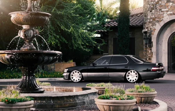 Обои Lexus, rear, особняк, black, фонтан