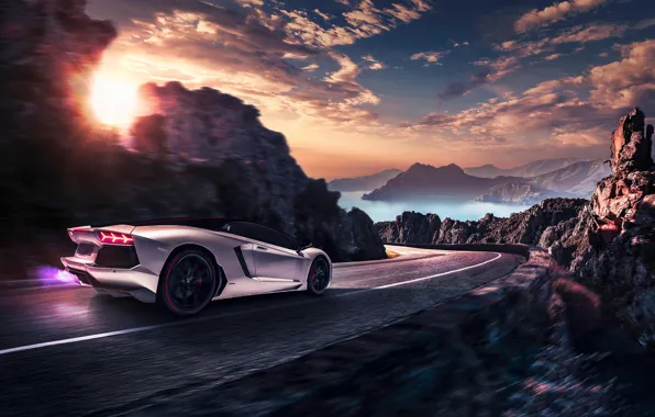 Обои Pirelli, Lamborghini, LP700-4, Aventador, Edition, Sunset, Rear, Landscape, Supercar