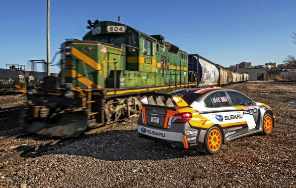 Обои 2015, STI, WRX, Rallycross, поезд, железная дорога, субару, Subaru