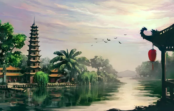 Обои пейзаж, река, азия, храм, пагода, вьетнам