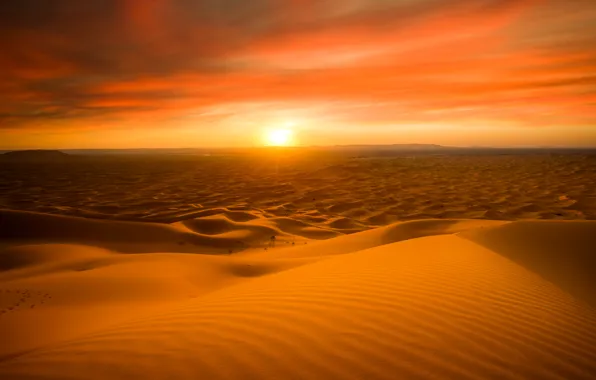Обои природа, Мерзуга, пустыня, Марокко, песок, Сахара, солнце, горизонт, закат