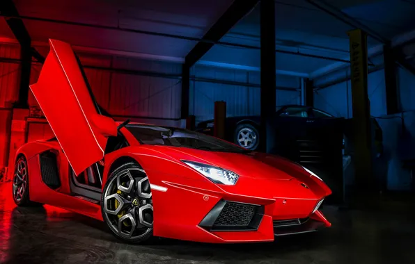 Обои красный, Lamborghini, бокс, red, ламборджини, LP700-4, Aventador, ламборгини, открытая дверь, подъёмник, ламбо двери, Kahn Design