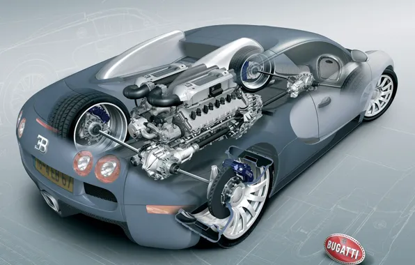 Обои схема, чертеж, двигатель, Bugatti, Veyron