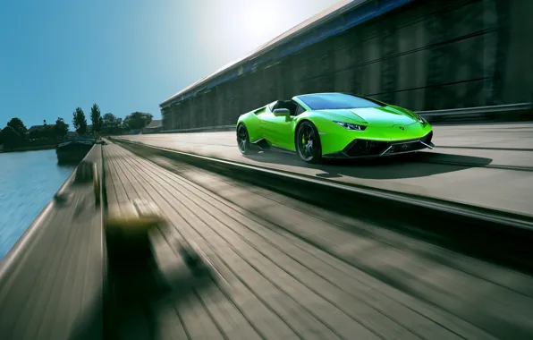 Обои Lamborghini, ламборгини, supercar, Spyder, Novitec, speed, Torado, в движении, car, green, авто, Huracan