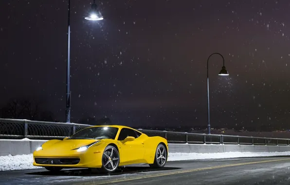 Обои Yellow, Nigth, Ligth, Ferrari, 458, Snow, Road, Supercar, Front, Italia