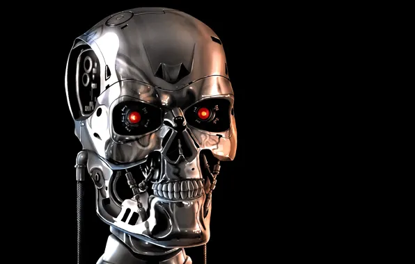 Обои механизм, скелет, terminator, лицо, терминатор, красные глаза, черный фон, череп, робот