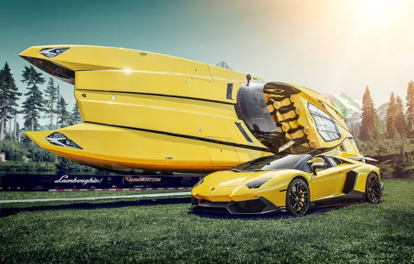 Обои желтый, катер, supercar, Lamborghini Aventador, Lamborghini Boat
