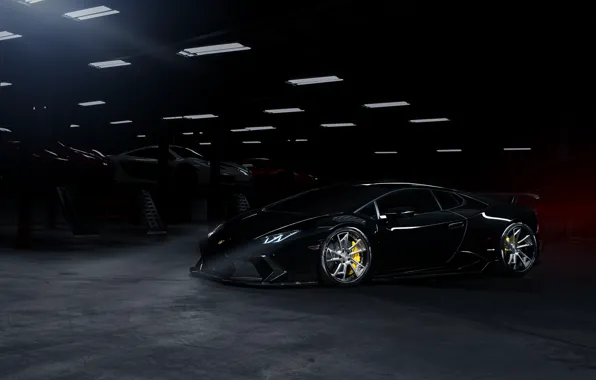 Обои Lamborghini, Dark, Front, Black, Color, Supercar, Wheels, Garage, Huracan, LP610-4
