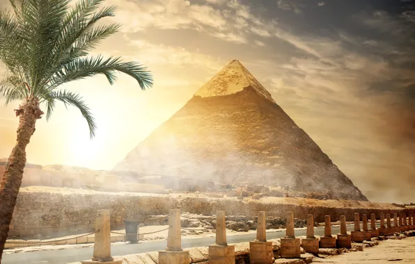 Обои камни, пальма, небо, солнце, облака, Египет, ограждение, пирамида, дорога, Cairo