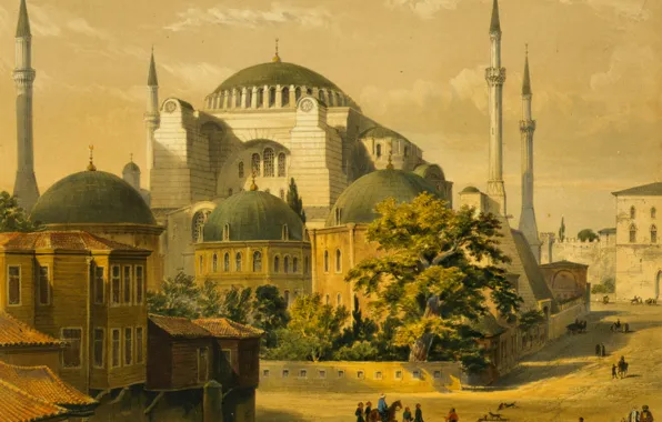 Обои картина, минарет, мечеть, город, Собор Святой Софии, Стамбул, Турция, Айия-Софья