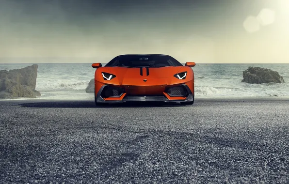 Обои Lamborghini, Orange, Front, Vorsteiner, Sun, Sea, Supercar, Zaragoza, Aventador-V, LP740-4