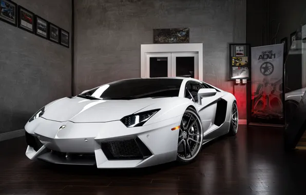 Обои Lamborghini, Power, Front, White, LP700-4, Aventador, Wheels, ADV.1, Ligth