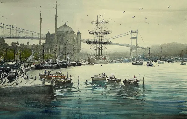 Обои картина, корабль, лодка, мост, минарет, мечеть, Максимилиан Дамико, Стамбул, городской пейзаж, акварель