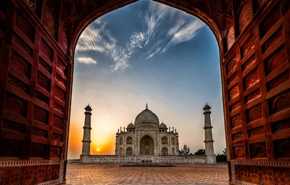Обои Индия, Тадж-Махал, мечеть, Агра, Taj Mahal, мавзолей, Agra, India, рассвет