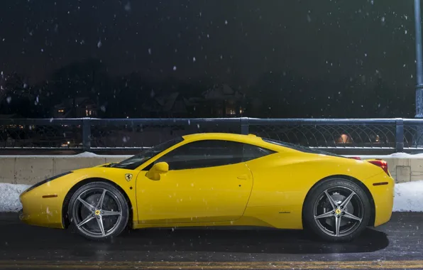 Обои Yellow, Nigth, Ligth, Ferrari, 458, Side, Snow, Road, Supercar, Italia