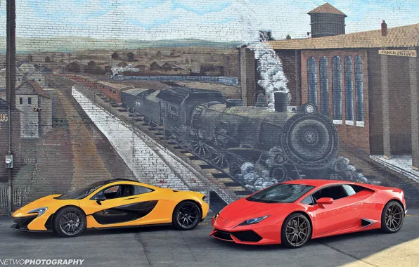 Обои поезд, McLaren P1, рисунок, Lamborghini Huracan, стена, паровоз