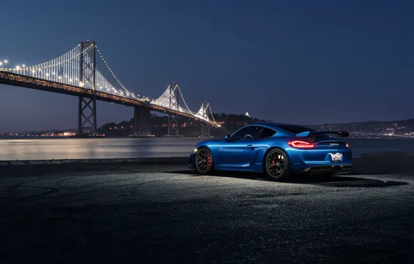 Обои Car, Night, Blue, Dark, Bridge, Sport, Rear, Porsche, Cayman, GT4